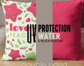 Indoor/Outdoor Pillow, Home Decor, Christmas Love Peace + Joy Pillow, Double Sided with Fuchsia Flip Side, 14"x20" Kids Christmas Pillow