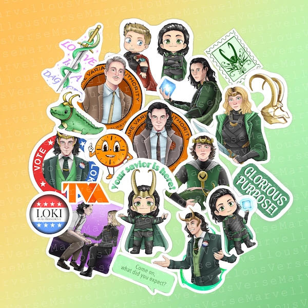 Set of 20 Loki Stickers || Holographic Marvel Superhero Stickers