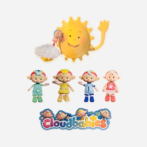 May include: A set of five Cloudbabies stickers featuring a yellow sun with a smiling face, a white cloud, and four colorful characters with rainbow hair. The characters are wearing different colored outfits and have different facial expressions. The stickers are perfect for decorating a child's room or adding a touch of whimsy to any surface.