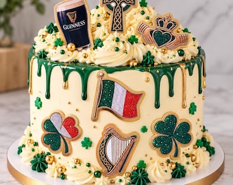 May include: A round cake with white frosting, green and gold drips, and Irish-themed decorations. Toppers include a Guinness glass, a Celtic cross, a Claddagh, an Irish flag, a harp, and shamrocks. The cake is adorned with gold and green sprinkles.