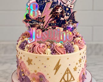 Hermione Inspired Cake Topper | Personalised Harry Potter Birthday Cake | Hogwarts Name & Age Topper | Magical Birthday Decoration