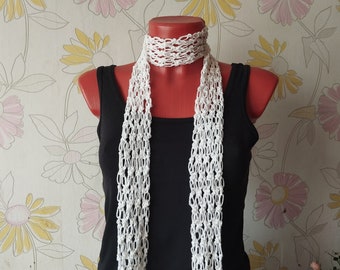 Summer skinny scarf Knit long white scarf Lightweight narrow scarf