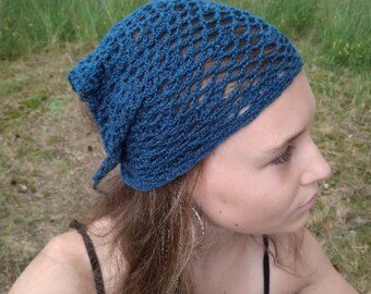 Crochet bandana Hand knit hair kerchief Triangle dark blue head scarf