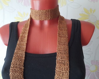 Linen skinny scarf crochet Hand knit long thin scarf Knit narrow scarf for woman