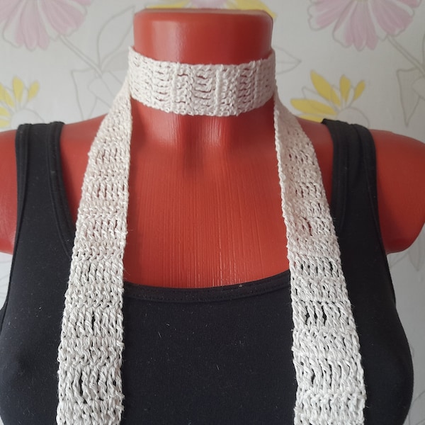 Knit thin scarf Crochet white skinny scarf Long linen summer scarf