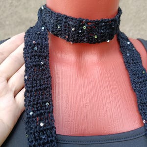 Crochet small skinny black scarf Knit summer thin scarf choker with payete Narrow sequin scarf