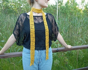 Crochet skinny scarf Knit long thin scarf Cotton gold woman scarf