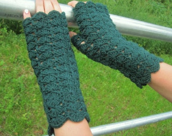 Crocheted Green Fingerless Gloves, Crochet Mittens, Knit Womens Wool Mitten