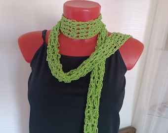 Knit Thin Scarf Green / Long Skinny Scarf Crochet  / Summer Lightweight Woman Scarf