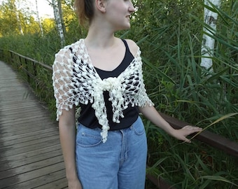 Crochet white shawl wrap Hand knit triangular shawl Evening chunky shawl