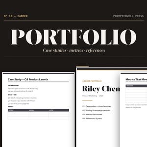 May include: A black and white career portfolio template featuring the text PORTFOLIO, Case studies, metrics, references, and Promptedwell Press. The document includes sections for a case study on a Q3 product launch, Riley Chen, and metrics.