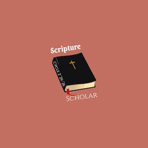 May include: A black book with a gold cross and the words "Scripture" and "Scholar" in white text. The book has a red bookmark and the text "CYCLE 2 25-26" on the spine. The background is a solid reddish-brown color.