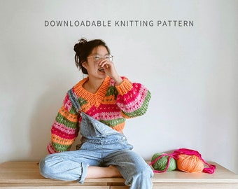 String of Hearts Vneck Jumper Pattern | Digital Download | Knit Sweater Pattern | Striped Knit Pattern | Beginner Friendly | Seamless