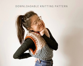 Happy Hygge Vest | Digital Download | Cropped Knit Sweater Vest Pattern | Seamless | Easy Knit | Beginner Friendly | Chunky Knit