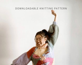 In Your Face Jumper Knitting Pattern | PDF Digital Download | Intarsia Sweater Pattern | Chunky Knit | Oversized Pullover | Colorful Mosaic