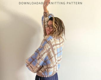 Cardigan en maille Griddy | Modèle de tricot | Téléchargement numérique PDF | Modèle de cardigan en grosse maille | Plaid | Vichy | Vitre