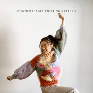 In Your Face Jumper Knitting Pattern | PDF Digital Download | Intarsia Sweater Pattern | Chunky Knit | Oversized Pullover | Colorful Mosaic