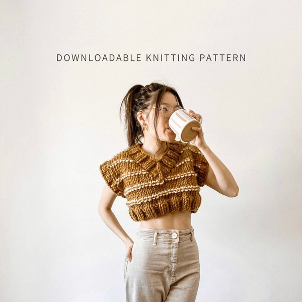 Dotted Line T-Vest | Digital Download | Cropped Knit Sweater Vest Pattern | Seamless | Easy Knit | Chunky Knit Top | V-Neck Knit Vest