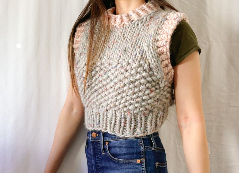 Happy Hygge Vest Digital Download Cropped Knit Sweater Vest Pattern Seamless Easy Knit Beginner Friendly Chunky Knit image 3