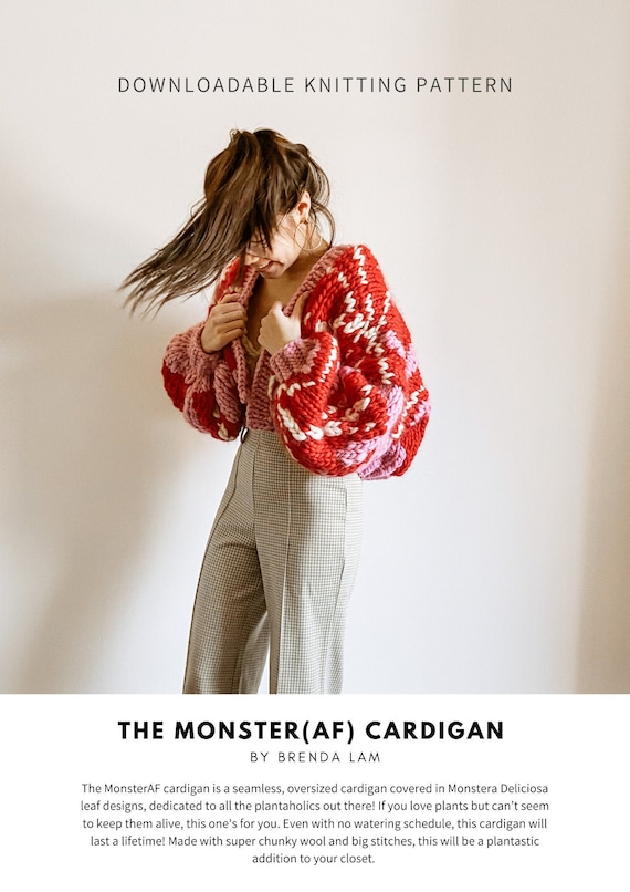 The MonsterAF Cardigan | Digital Download | Chunky Knit Cardigan Pattern | Oversized Cardigan Pattern | Intarsia | Plant Knitting Pattern