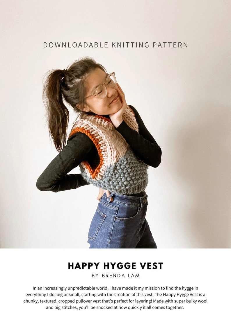 Happy Hygge Vest Digital Download Cropped Knit Sweater Vest Pattern Seamless Easy Knit Beginner Friendly Chunky Knit image 1