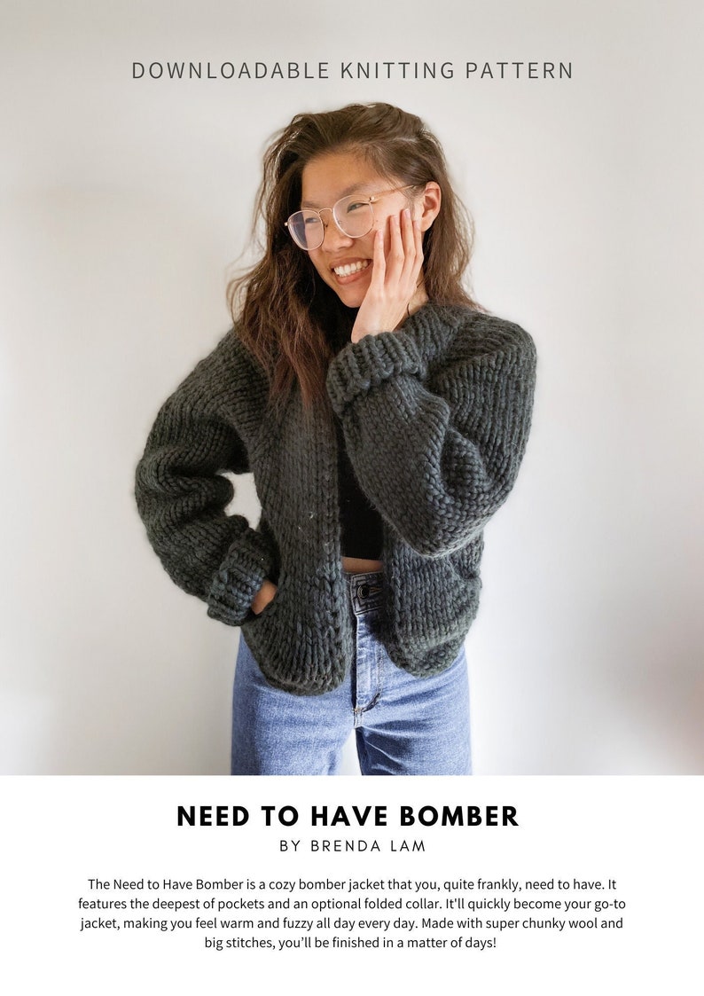 Need To Have Bomber Digital Download Chunky Knit Jacket Pattern Knit Bomber with Pockets Pattern Knit Cardigan Pattern Seamless image 1