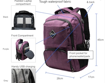 40 ltr Purple Bizey Rucksack, fits up to 15.6 inch laptops with charging port, Water resistant