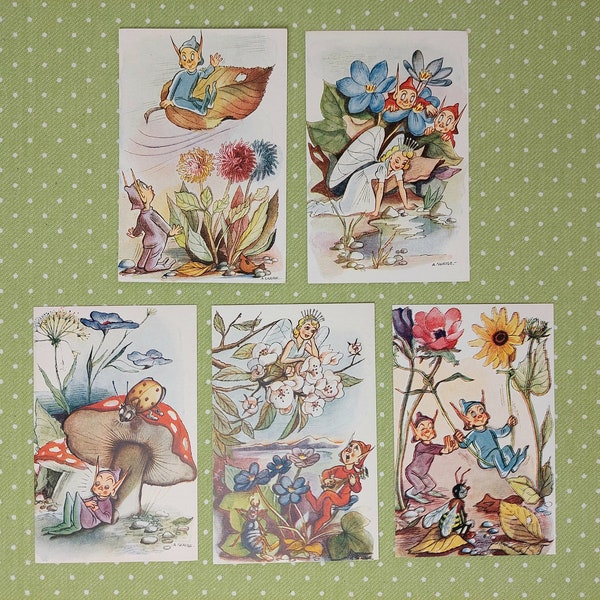 Pixie Postcards, Elf, Fairy, Vintage Ephemera, A. Skauge Norway