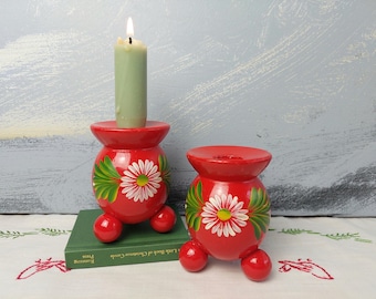 Vintage Pair of Red Candleholders Wooden, Swedish Christmas