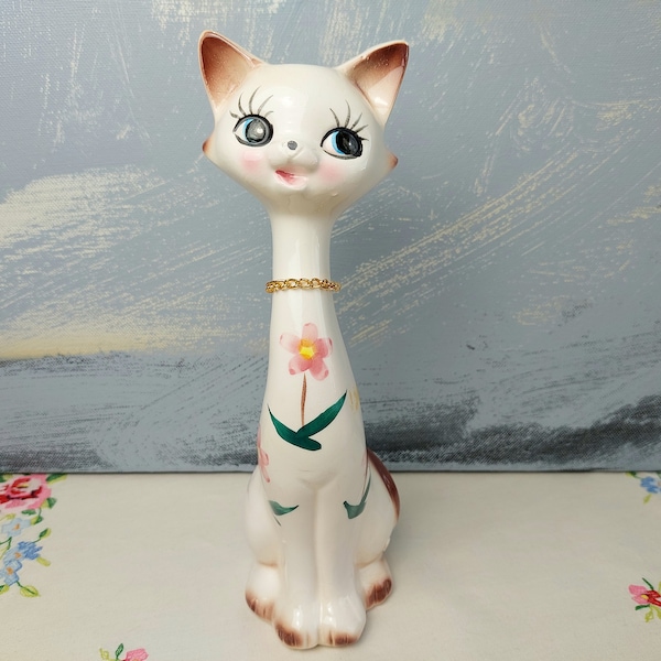 Long Neck Cat Figurine, Mid-Century Kitsch Cat Figurine