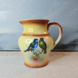 Op de afbeelding: Kleine, vintage keramische kan met een gele body en bruine rand en handvat. De kan heeft een geschilderd ontwerp van twee kleurrijke vogels die op een tak zitten. De vogels zijn blauw, groen en rood.