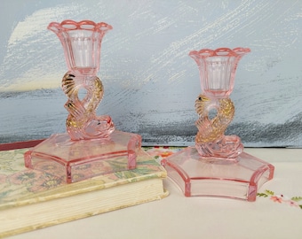Glass Dolphin Candlesticks, Candle Holders, Pressed Glass
