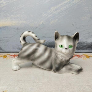 Grey Tabby Cat Figurine, Grey And White Striped Cat