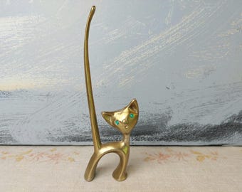 Cat Ring Holder With Rhinestone Eyes, Small Cat Figurine, Metal Cat