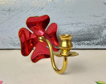 Small Brass And Enamel Clover Wall Candle Holder, Clover Candle Holder, Candle Sconce, Four Leaf Clover