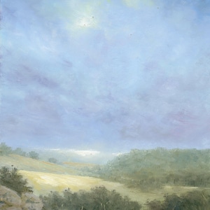 Original Landscape Oil Painting: Serene Green Hills, Blue Sky - 8x10 Wood Panel