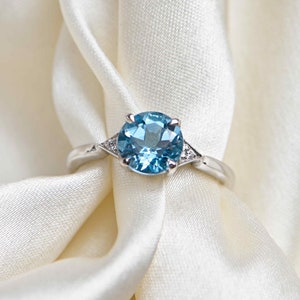 Natural Blue Topaz Ring,925 Sterling Silver Prong Set Ring Handmade With White Rhodium,With Heart & Arrow Cubic Zirconia,Engagement Ring