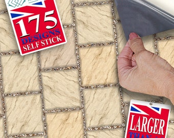 DOLLS HOUSE WALLPAPER Self Adhesive, 1/12th Scale Vinyl Sheet, Yorkstone Slabs  :  larger than A4 size, Will Not Tear.