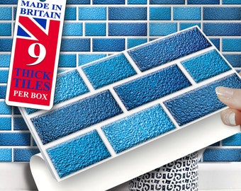 8"x4" Wall Tile Stickers, Self Adhesive, SOLID / THICK, Stick On Tiles. Pack of 9 Blue Tablet Tiles. Over tiles or onto the wall