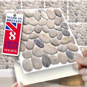 6&quot;x6&quot; Wall Tile Stickers, Self Adhesive, SOLID / THICK, Stick On Tiles. Pack of 8 Pebble Stone Tiles. Over tiles or onto the wall