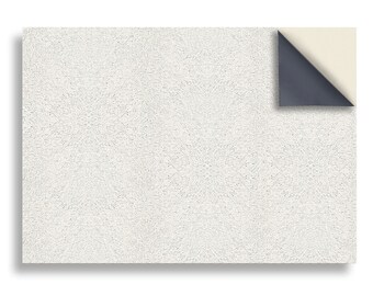 May include: White fluffy rug with a gray backing. The rug is shown with a corner folded back to reveal the backing.