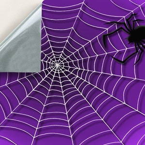 May include: A purple background with a white spider web and a black spider in the center.