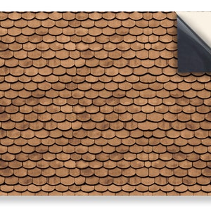DOLLS HOUSE WALLPAPER Self Adhesive, 1/12th Scale Vinyl Sheet, Brown Scallop Roof Tiles  :  larger than A4 size, Will Not Tear.