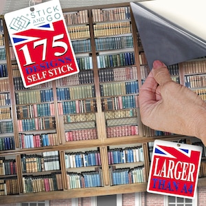 DOLLS HOUSE WALLPAPER Self Adhesive, 1/12th Scale Vinyl Sheet, Books On Library Shelves  :  larger than A4 size, Will Not Tear.