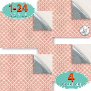 PUPPENHAUS TAPETE Selbstklebend, neu positionierbar, 1:24 Vinyl Blatt, Nr. 125 Victorian Pink Rokoko, Set von 4 Bögen