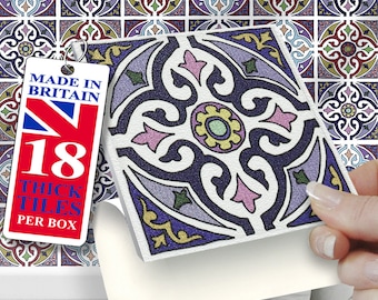 Moroccan Tile Stickers: 4"x4" Self Adhesive, Thick Tiles - Pack of 18
