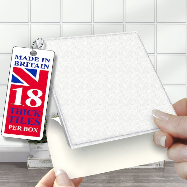 4"x4" Wall Tile Stickers, Self Adhesive,  SOLID / THICK, Stick On Tiles. Pack of 18 White Tiles. Over tiles or onto the wall