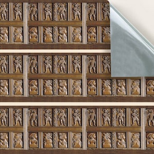 May include: A repeating pattern of wood carvings depicting people in medieval clothing. The carvings are in a dark brown color and are set against a light brown background.