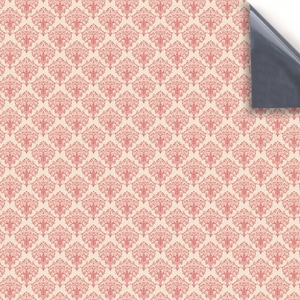 May include: A repeating pattern of pink damask on a cream background. The pattern is a traditional floral design with a repeating motif of a stylized flower.