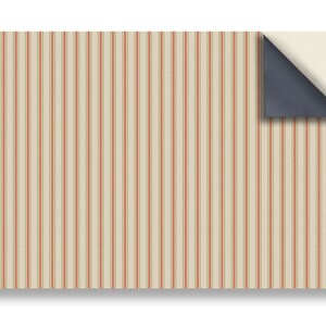 May include: A beige and red striped wrapping paper with a corner folded back to reveal the white underside.